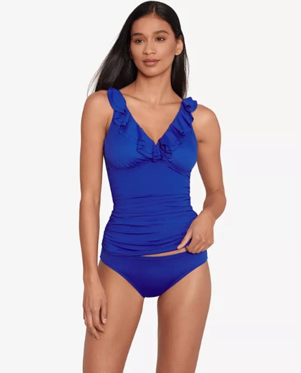 LAUREN RALPH LAUREN Beach Club Ruffle Tankini Top Size 10 Blue Underwire NWT